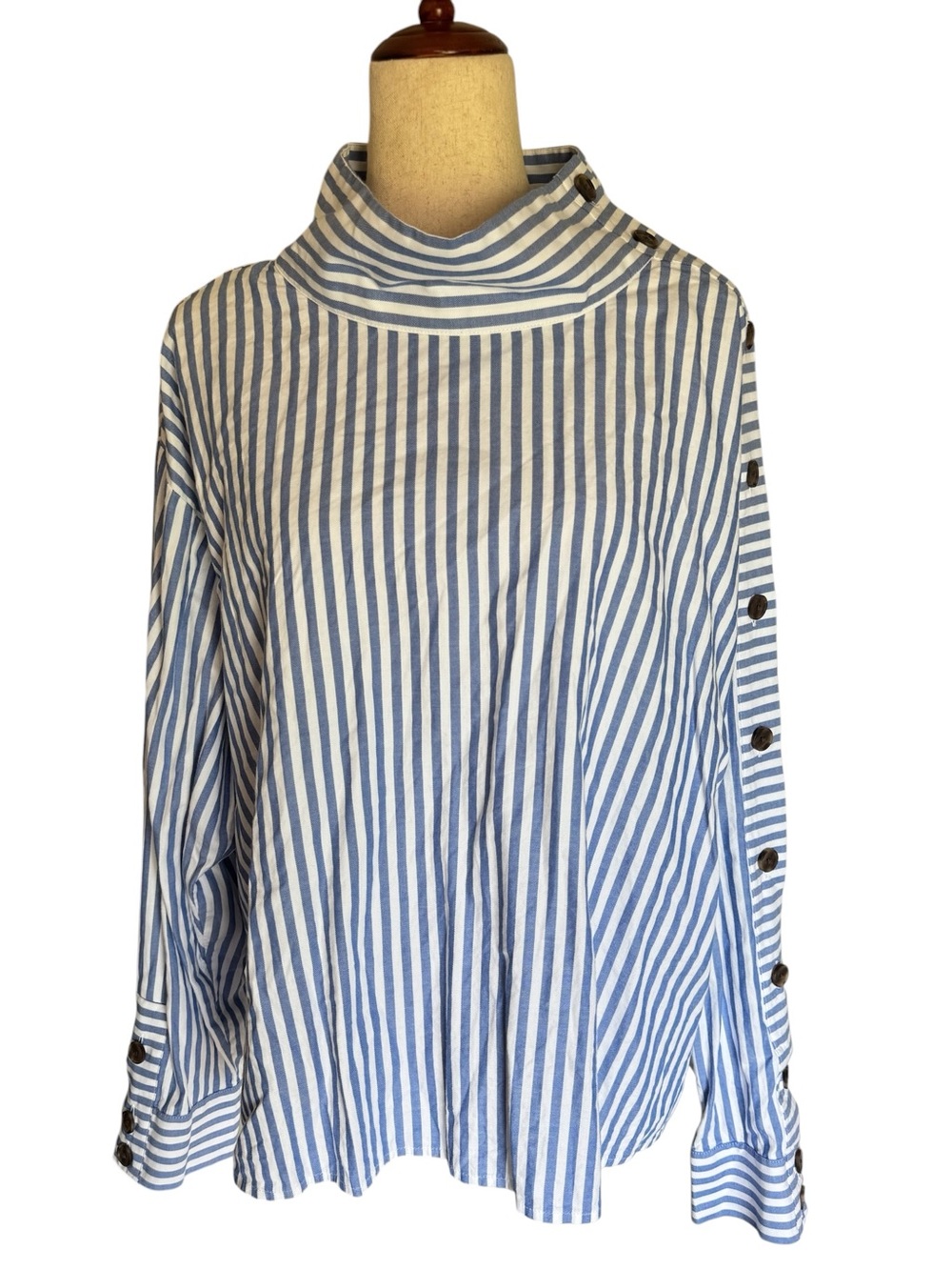 LOFT Blue and White Striped Button-Detail Mock Neck Blouse - Picture 2 of 7